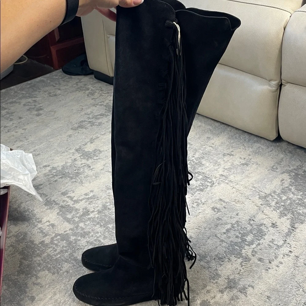 NIB ETRO Suede Fringe Over The Knee Moccasin Boot Black Sz 36